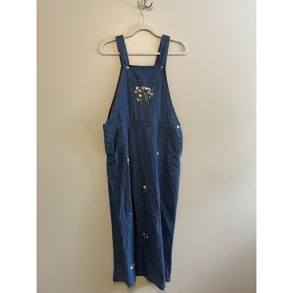 Vintage Just Class Size M Blue Denim Pinafore Jumper Dress Embroidered Flowers - Picture 1 of 4